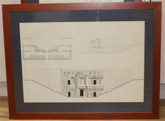 A set of fourteen architectural studies in ink, pencil and wash, probably early 20th century, in matching hardwood frames, 67 x 47cm